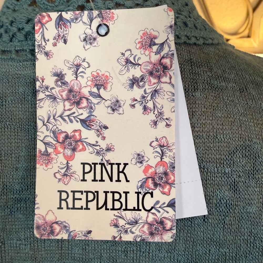 New Pink Republic Sage Green Open-Front Cardigan with Crotched Trim - Picture 8 of 13